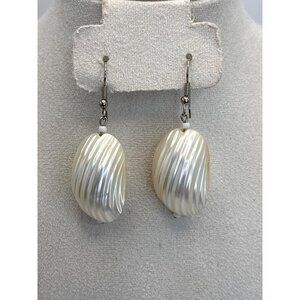 Vintage Mother Of Pearl Oval Hollow Dome Drop Earrings Silver Tone Hook Post